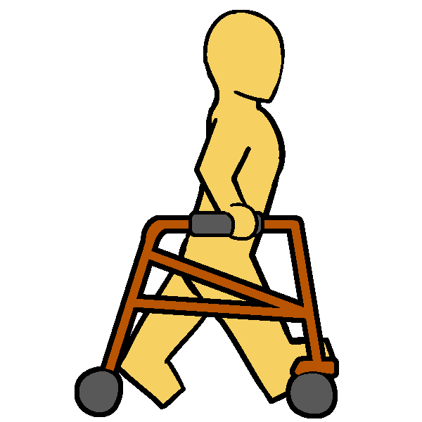 A yellow thin person walking with an orange posterior walker.
